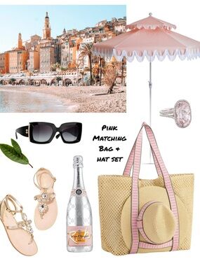 Pink-Trim Straw Tote Bag with Matching Hat - Beach